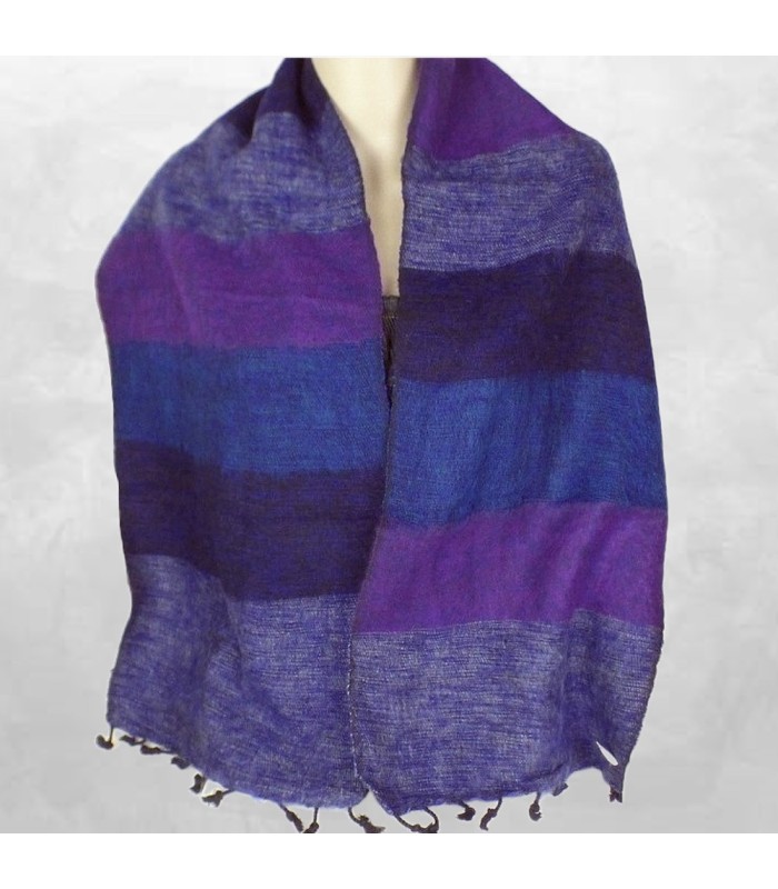 Écharpe yak wool rayée bleu violet – Népal, artisanale