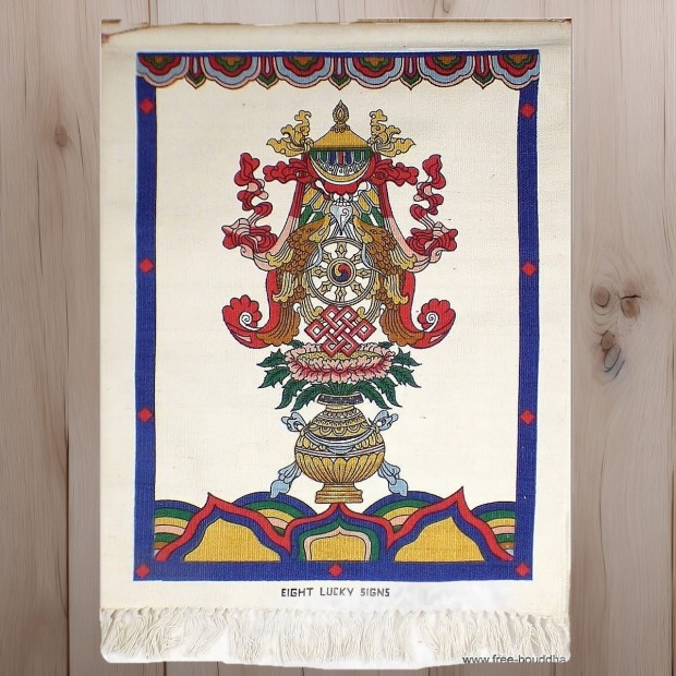 Tenture tibétaine signes de bon augure écrue coton épais suspendue