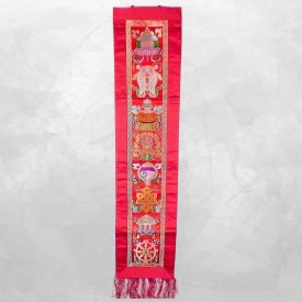 Tenture tibétaine 8 signes auspicieux rouge coton brodé doublée 