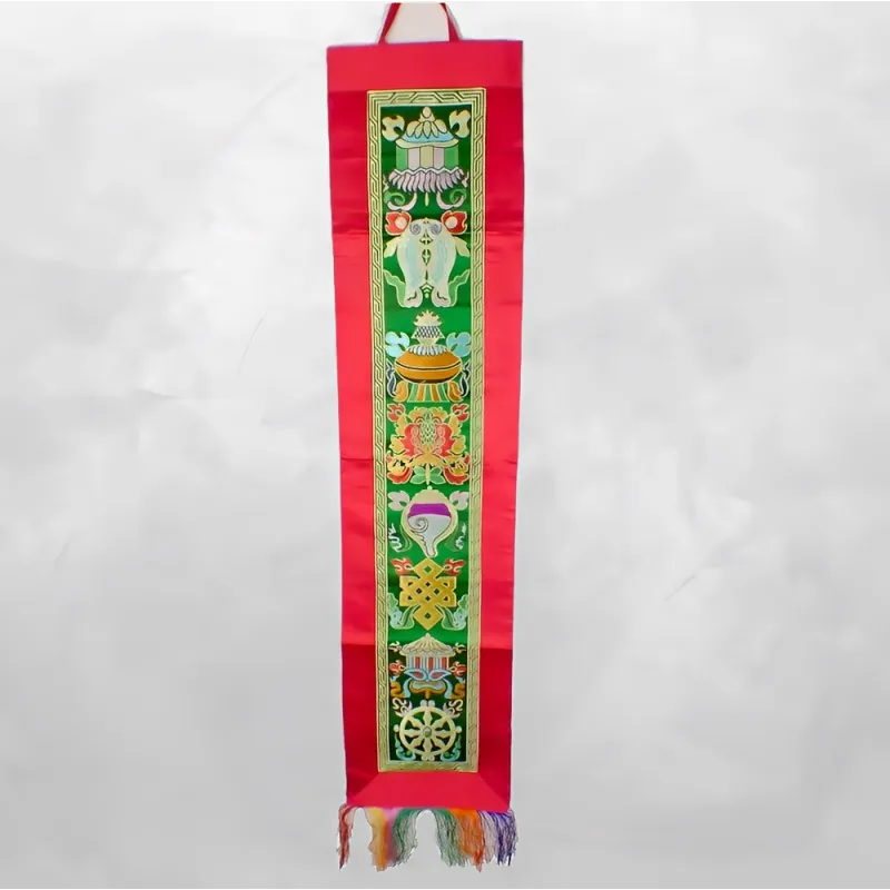 Tenture tibétaine bouddhiste Signes auspicieux rouge verte - Tentures bouddhistes