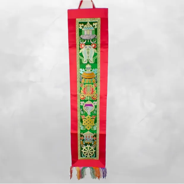 Tenture tibétaine bouddhiste Signes auspicieux rouge verte - Tentures bouddhistes