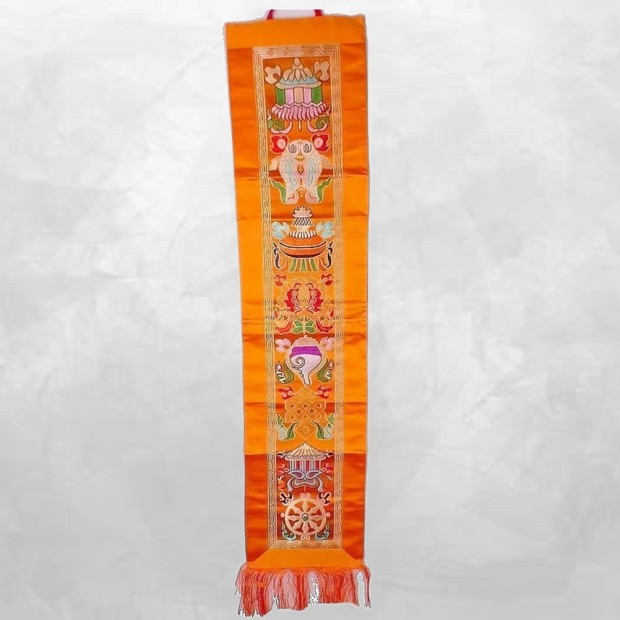 Tenture tibétaine 8 signes auspicieux jaune safran en coton – Népal