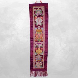 Tenture bouddhiste 8 signes auspicieux violine coton tissé brodé doublé Népal