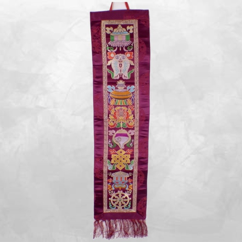 Tenture bouddhiste 8 signes auspicieux violine coton tissé brodé doublé Népal