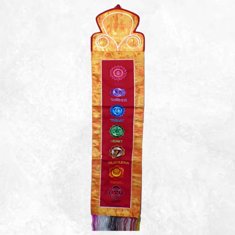 Tenture tibétaine 7 chakras safran rouge – Artisanat du Népal