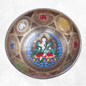 Bol tibétain peint à la main Tara Verte, 20 cm, Népal - Bols tibétains 7 métaux