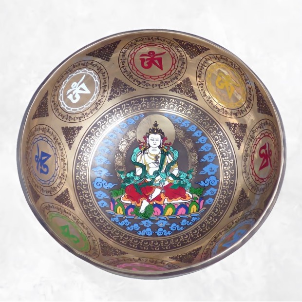 Bol tibétain 7 métaux peint à la main – Tara Verte 20 cm