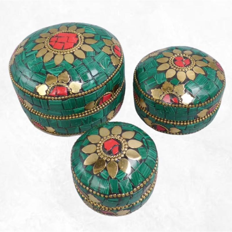 Boîtes bijoux métal et pierres malachite fantaisie – Artisanat du Népal