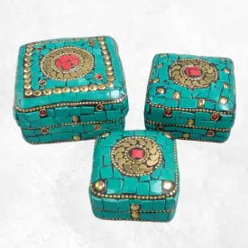 Boîte à bijoux en métal et pierres vertes, 3 tailles - Boîte à Bijoux tibétaine