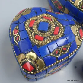 Boîte à bijoux forme coeur, pierres bleues, Népal - Boîte à Bijoux tibétaine