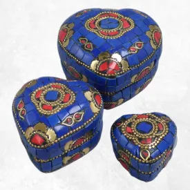 Boîte à bijoux forme coeur, pierres bleues, Népal - Boîte à Bijoux tibétaine