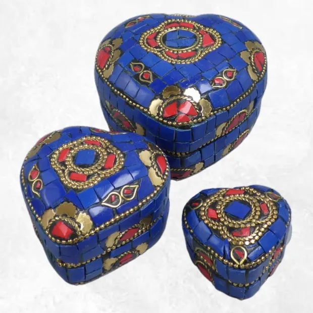 Boîte à bijoux forme coeur, pierres bleues, Népal - Boîte à Bijoux tibétaine
