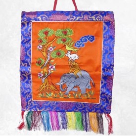 Tenture tibétaine Quatre Amis orange en soie – Népal