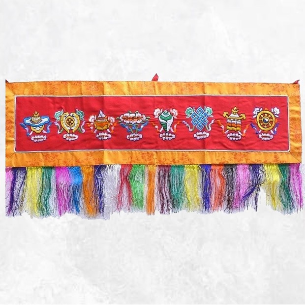 Tenture tibétaine dessus de porte Signes Auspicieux bordeaux – Népal