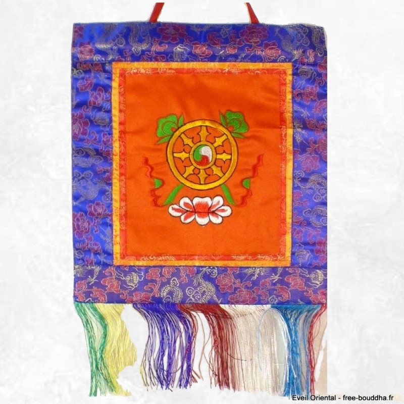 Tenture bouddhiste Roue du Dharma orange en coton brodé