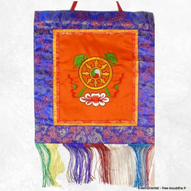 Tenture bouddhiste Roue du Dharma orange en coton brodé