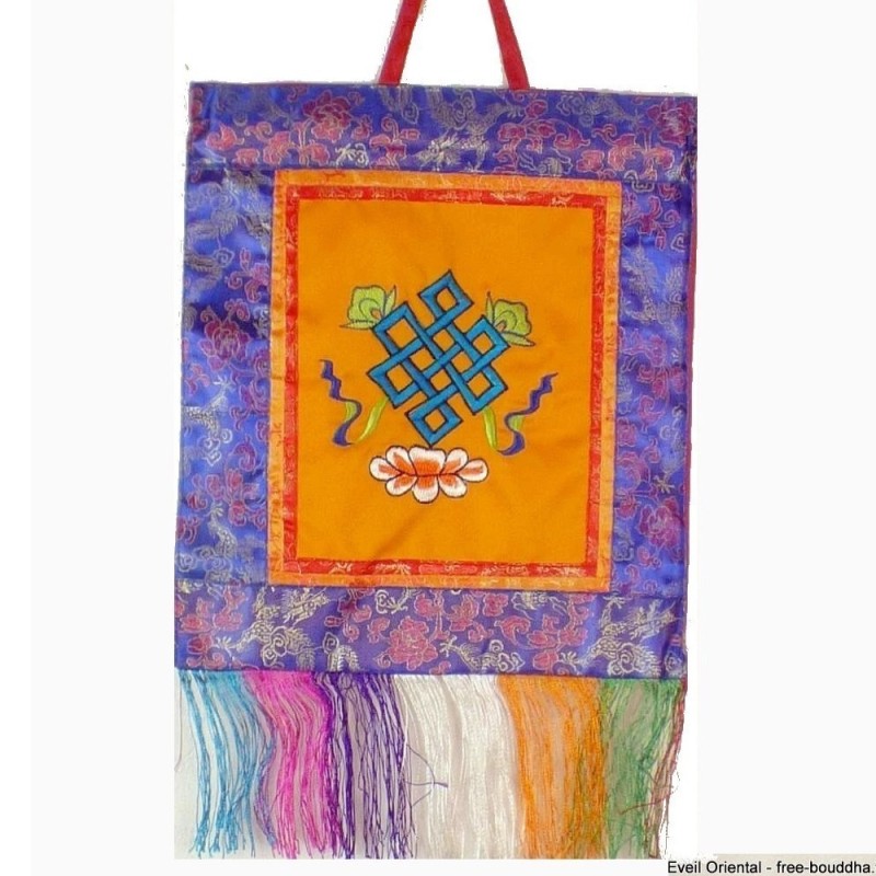 Tenture bouddhiste Nœud sans fin safran en coton brodé – Népal