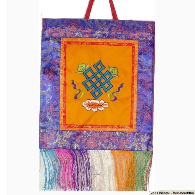 Tenture bouddhiste Nœud sans fin safran en coton brodé – Népal