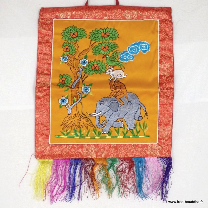 Tenture bouddhiste Quatre Amis Safran bleu en soie – Népal