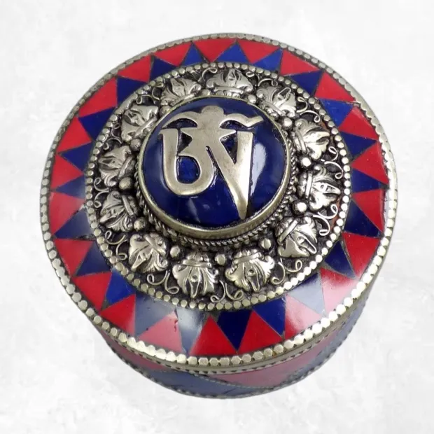 Boîte à bijoux bouddhiste symbole Om couleur lapis - Boîte à Bijoux tibétaine