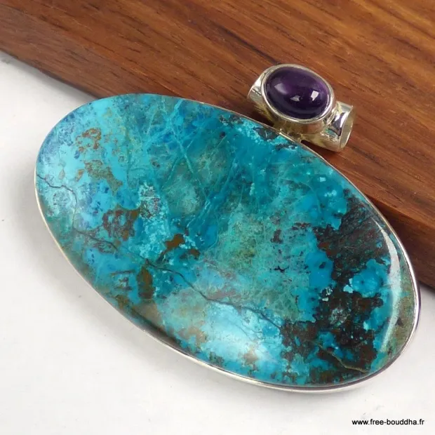Gros Pendentif Shattuckite et Améthyste cabochon - Bijoux en Shattuckite