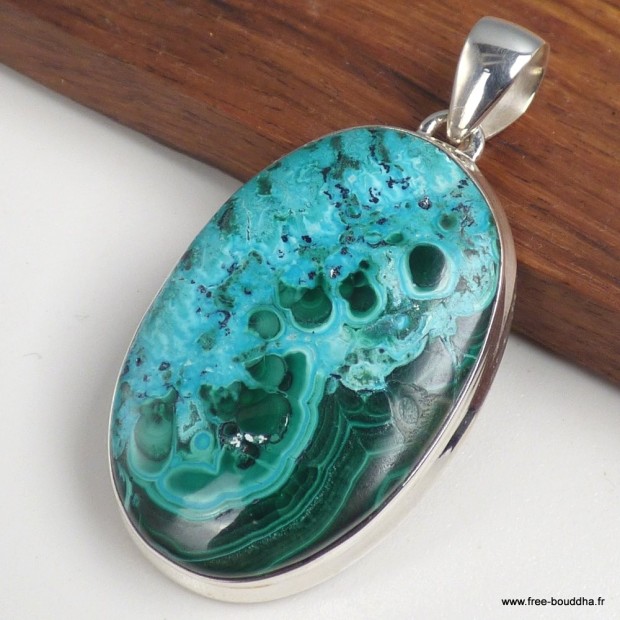 Pendentif Malachite Chrysocolle authentique ovale – argent 925