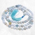 Mala tibétain en aigue-marine, collier bouddhiste 108 perles de 8 mm.