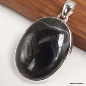 Pendentif ovale Malachite noire Psilomélane - Argent 925 - Pendentifs pierres naturelles