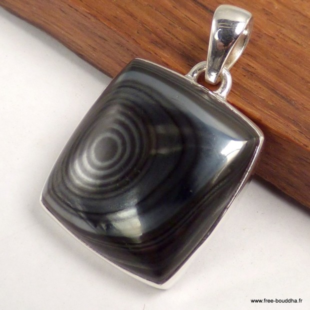 Malachite noire pendentif carré Psilomélane origine Afrique argent 925