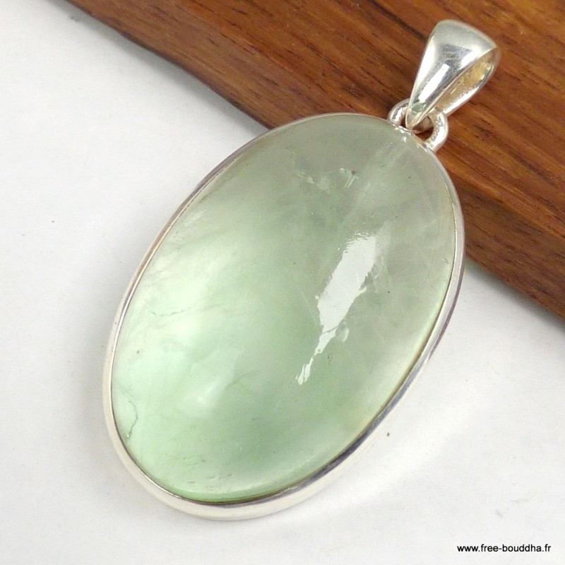 Grand pendentif Préhnite ovale cabochon argent 925 – Afrique du Sud