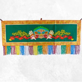 Tenture tibétaine Mahakala verte rouge brodée coton Népal