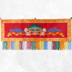 Tenture tibétaine Mahakala rouge en coton brodé 98 cm