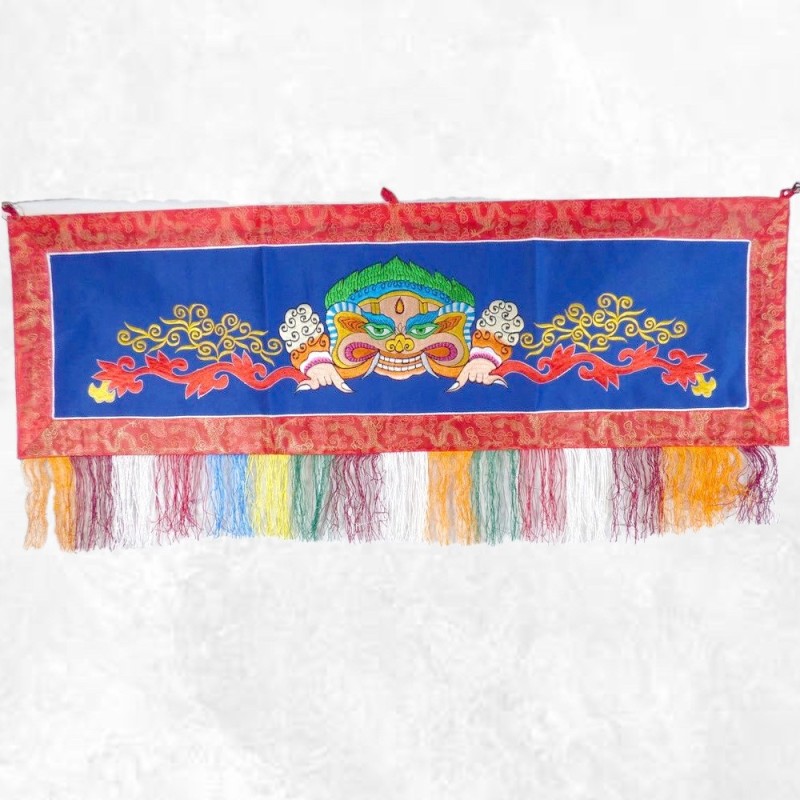Tenture tibétaine Mahakala bleue en coton brodé 98 cm