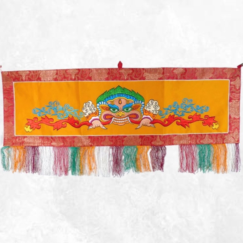 Tenture tibétaine Mahakala safran turquoise en coton brodé 98 cm