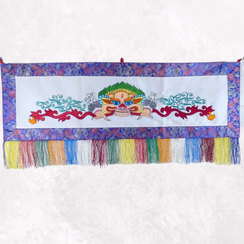 Tenture tibétaine Mahakala blanche en coton brodé 98 cm