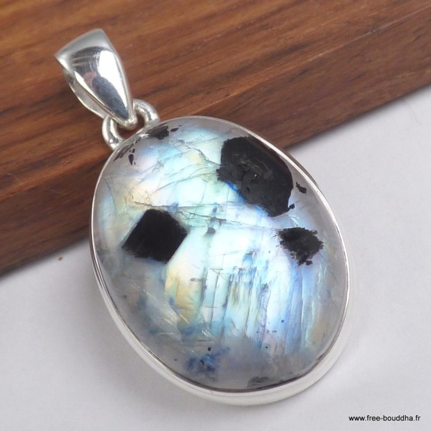 Pendentif artisanal Pierre de Lune et Tourmaline ovale - Bijoux en Pierre de lune