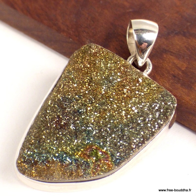 Gros Pendentif argent Pyrite arc-en-ciel asymétrique - Pendentifs pierres naturelles