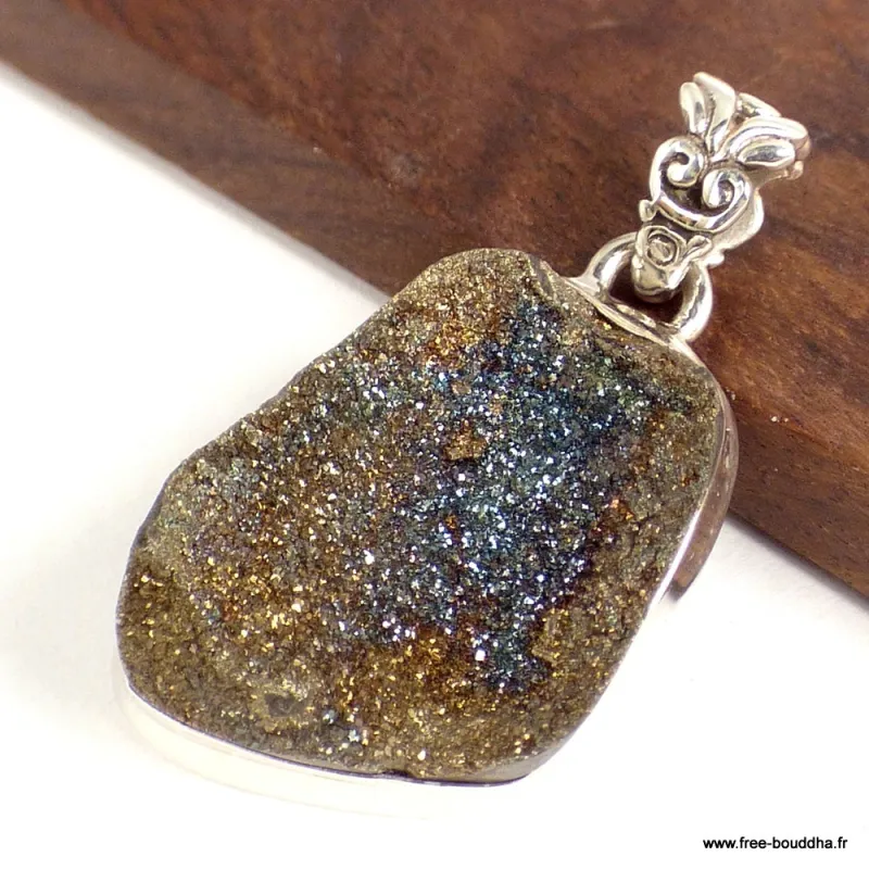 Pendentif Pyrite arc-en-ciel bleu foncé cuivré - Pendentifs pierres naturelles