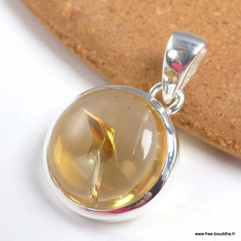 Pendentif Citrine naturelle cabochon forme ronde - Pendentifs pierres naturelles