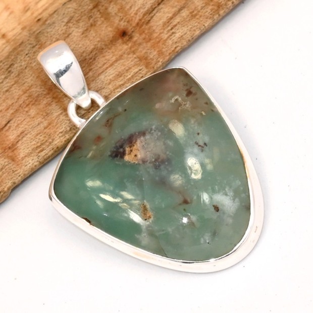 Pendentif Aquaprase naturelle en argent 925, pierre rare du Zimbabwe
