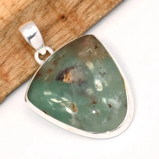 Gros pendentif Aquaprase semi-ovale argent 925 - Pendentifs pierres naturelles