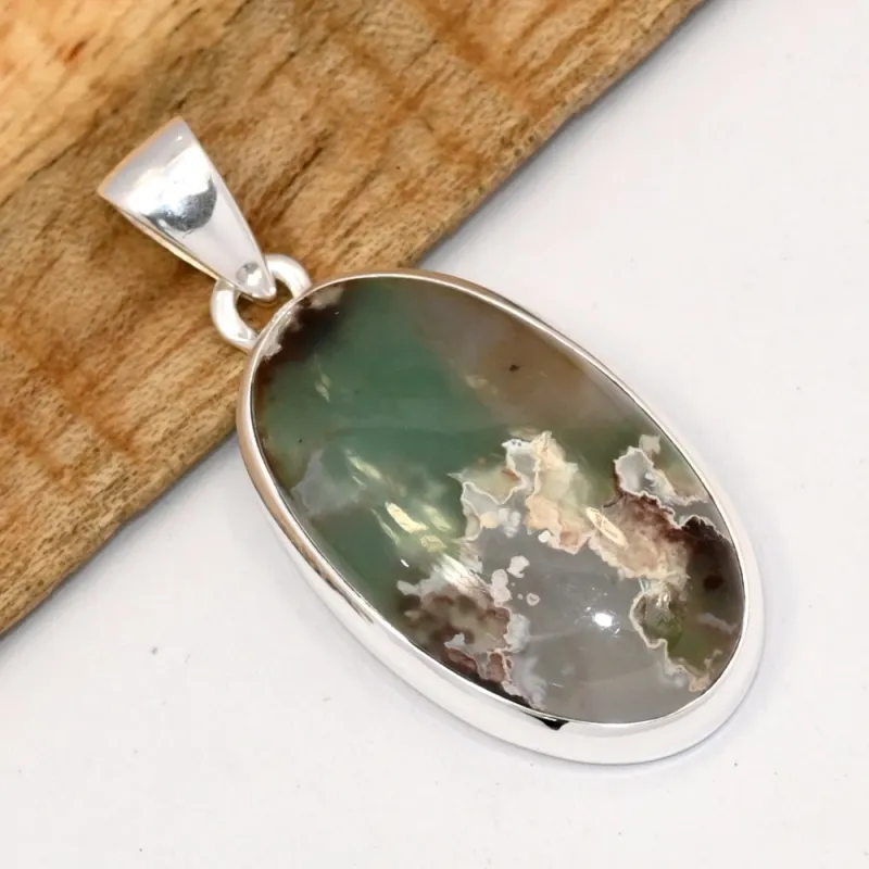 Pendentif Aquaprase forme ovale argent 925 - Pendentifs pierres naturelles