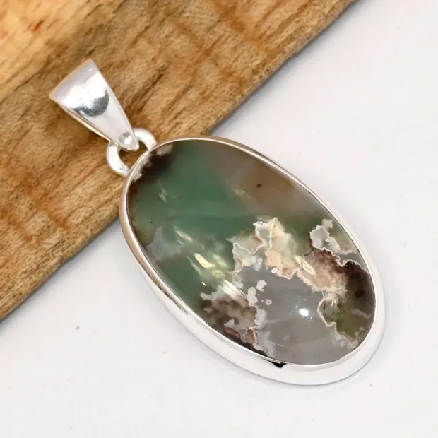 Pendentif Aquaprase forme ovale argent 925 - Pendentifs pierres naturelles