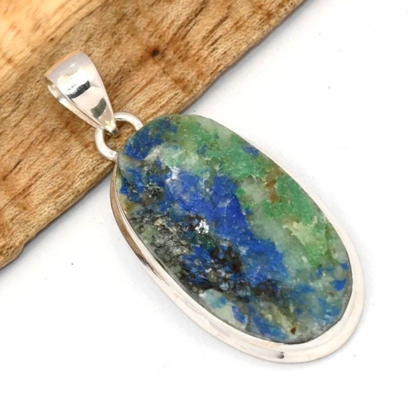 Pendentif Azurite ovale argent 925 – azurite sur roche‑mère verte