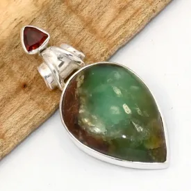 Pendentif Chrysoprase Boulder et Grenat, argent 925 - Bijoux en Chrysoprase