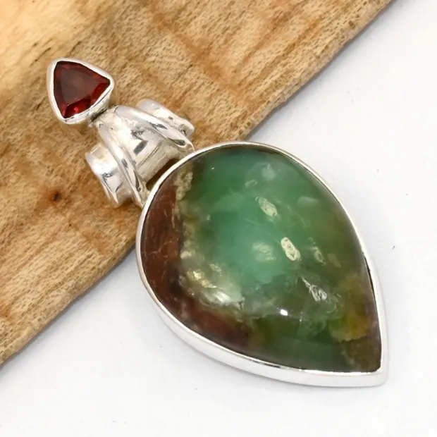 Pendentif Chrysoprase Boulder et Grenat, argent 925 - Bijoux en Chrysoprase