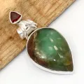 Pendentif Chrysoprase Boulder et Grenat, argent 925 - Bijoux en Chrysoprase