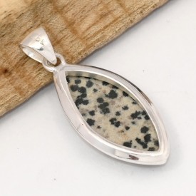 Pendentif Jaspe Dalmatien forme marquise, argent 925 - Pendentifs pierres naturelles