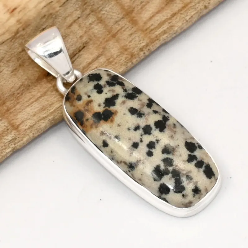 Pendentif Jaspe Dalmatien ovale arrondi, argent 925 - Pendentifs pierres naturelles
