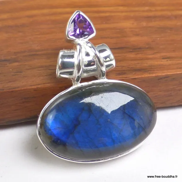 Pendentif Labradorite bleue et améthyste facettée - Pendentifs pierres naturelles